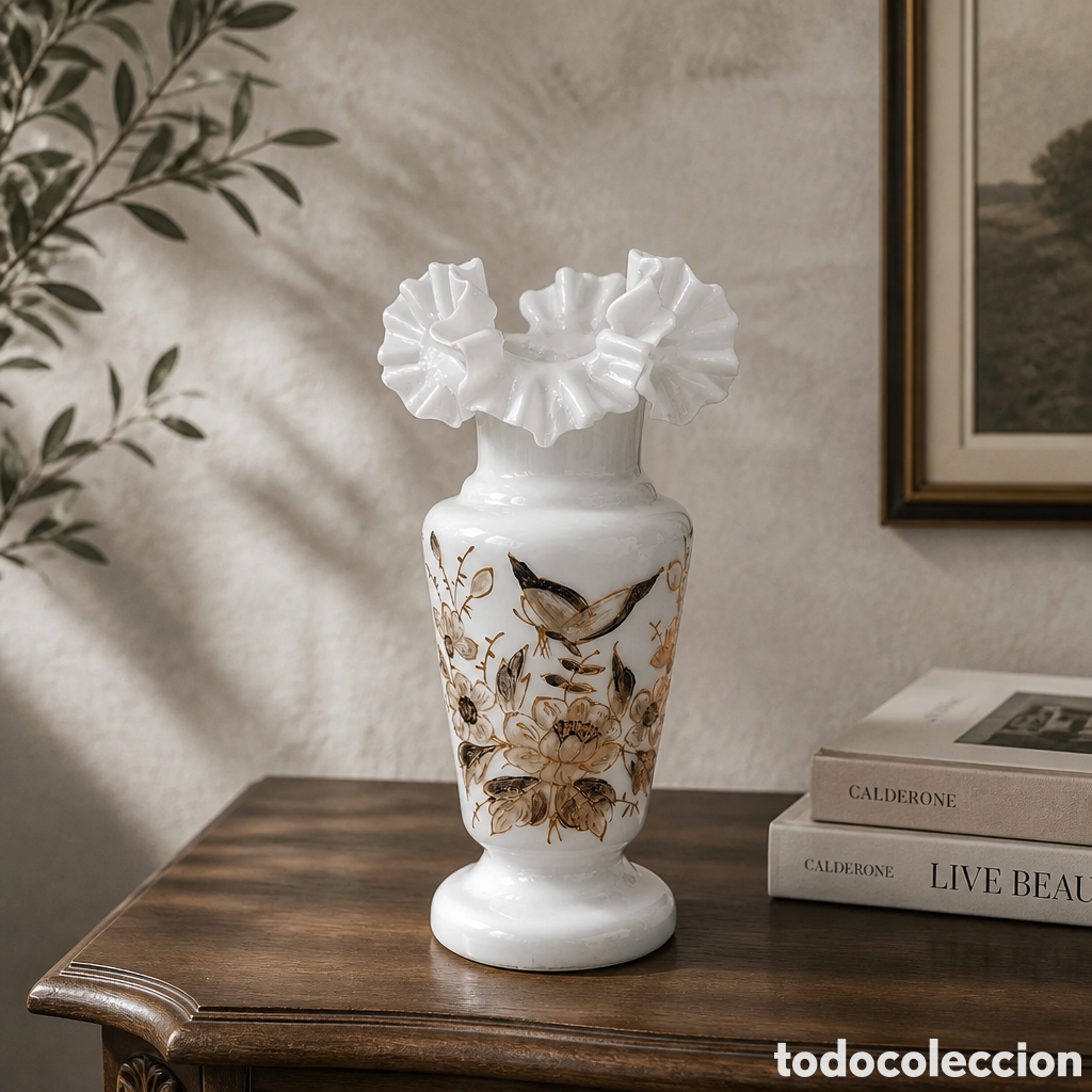Antig&uuml;edades: Antiguo jarr&oacute;n florero de opalina blanca con dibujo de Mariposa con borde rizado siglo XIX. 27 cm