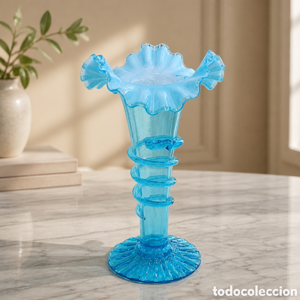 Antig&uuml;edades: ELEGANTE JARRON , VIOLETERO CRISTAL AZUL CON BORDE RIZADO . 23 CM