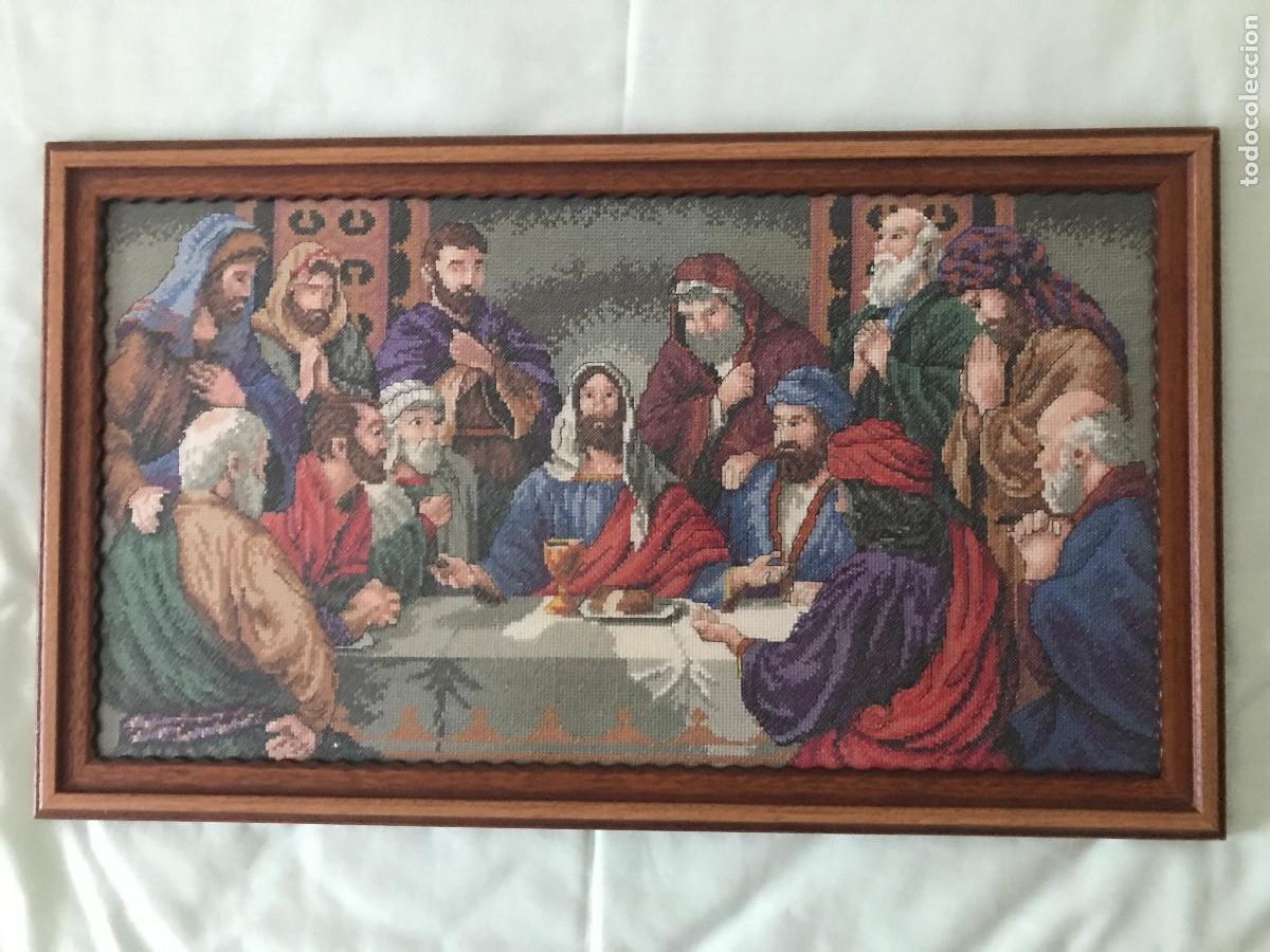 Antig&uuml;edades: Cuadro. Punto de cruz con escena de la &uacute;ltima cena. 38 x 66 cm