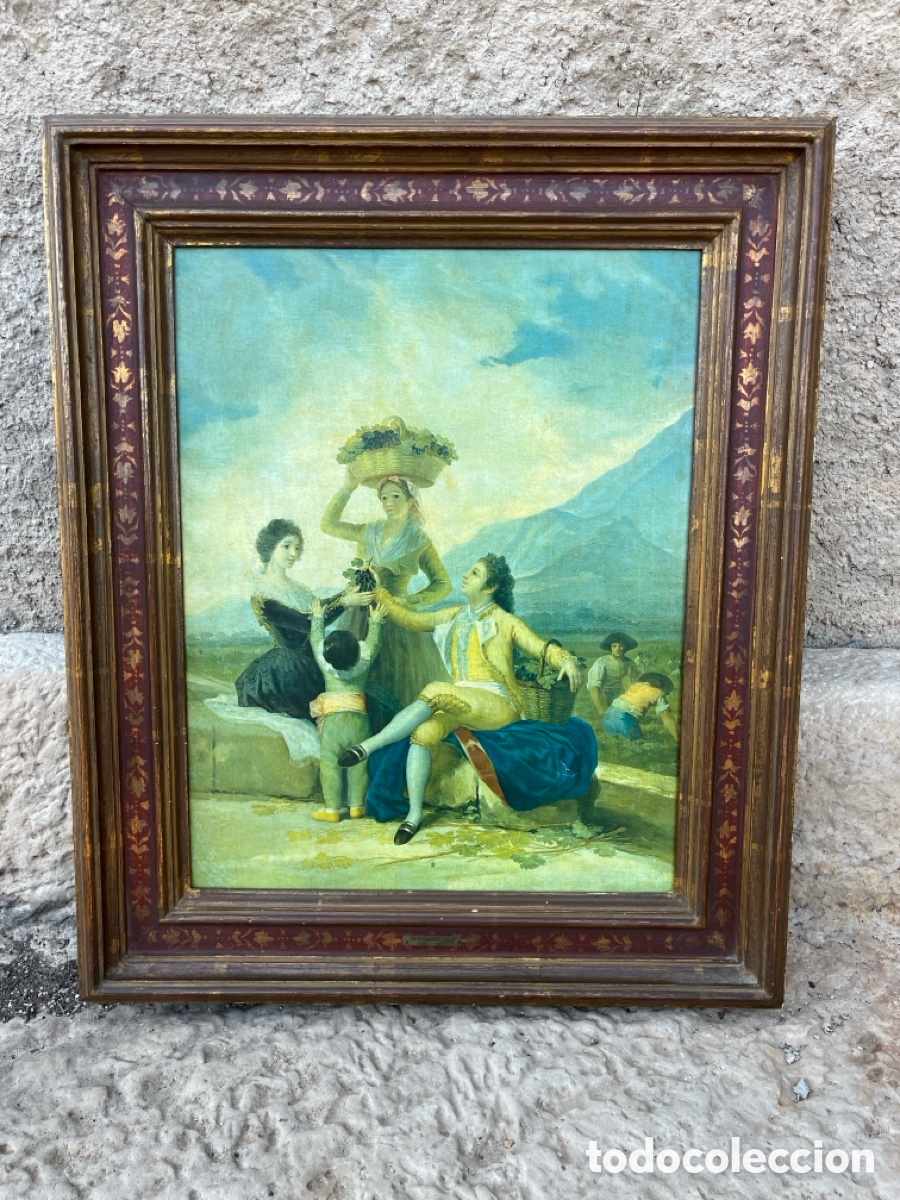 Antig&uuml;edades: Cuadro vintage &ldquo;La Vendimia&rdquo; de Goya con espectacular marco antiguo
