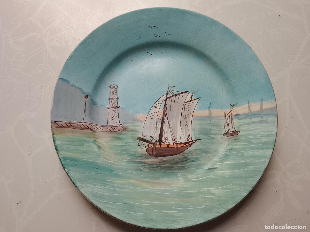 Antig&uuml;edades: PLATO DE CER&Aacute;MICA PIEZA UNICA BARCO MAR PINTADO A MANO TERRE DE FER FINALES S.XIX - FRANCIA 22 CM