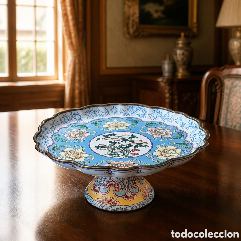 Antig&uuml;edades: CENTRO DE MESA ,FRUTERO ,PEDESTAL PARA POSTRES. COBRE ESMALTADO Y DECORADO A MANO . CHINA.