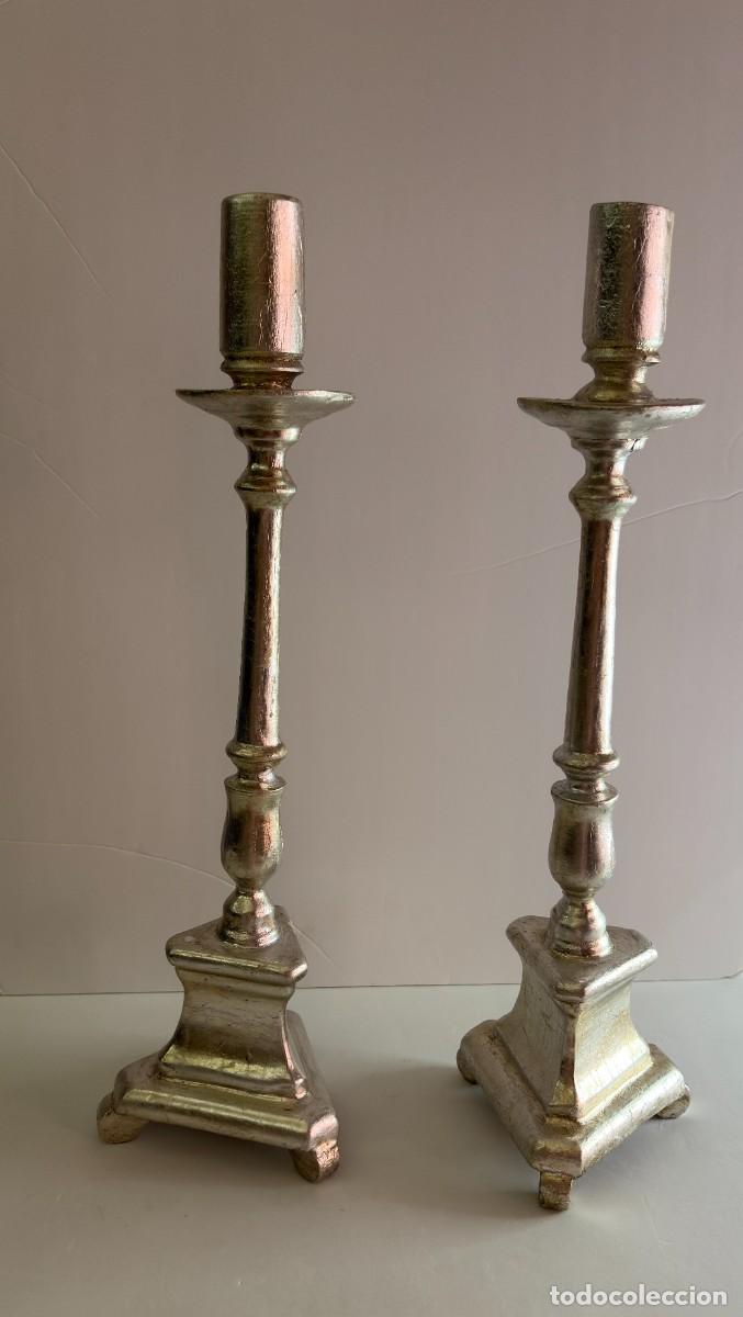 Antig&uuml;edades: Pareja Candelabros Madera Tallada Pan de Plata 50 cm. Estilo Barroco Arte Sacro Altar