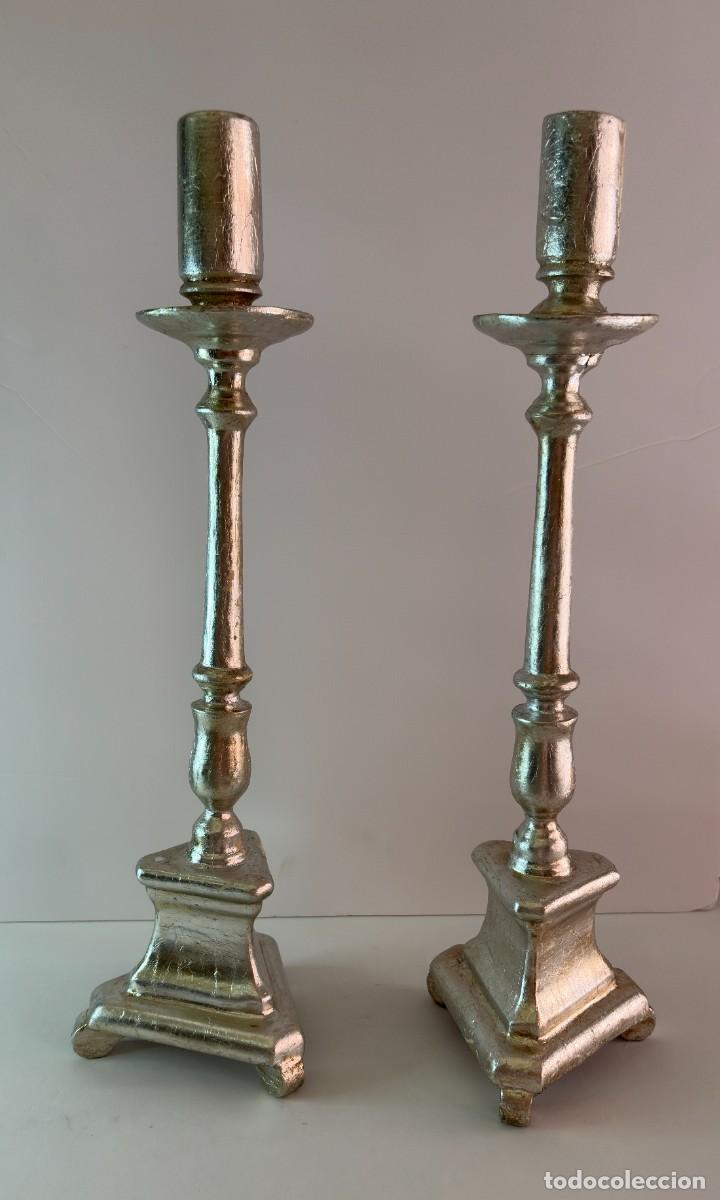 Antig&uuml;edades: Pareja Candelabros Madera Tallada Pan de Plata 50 cm. Estilo Barroco Arte Sacro Altar