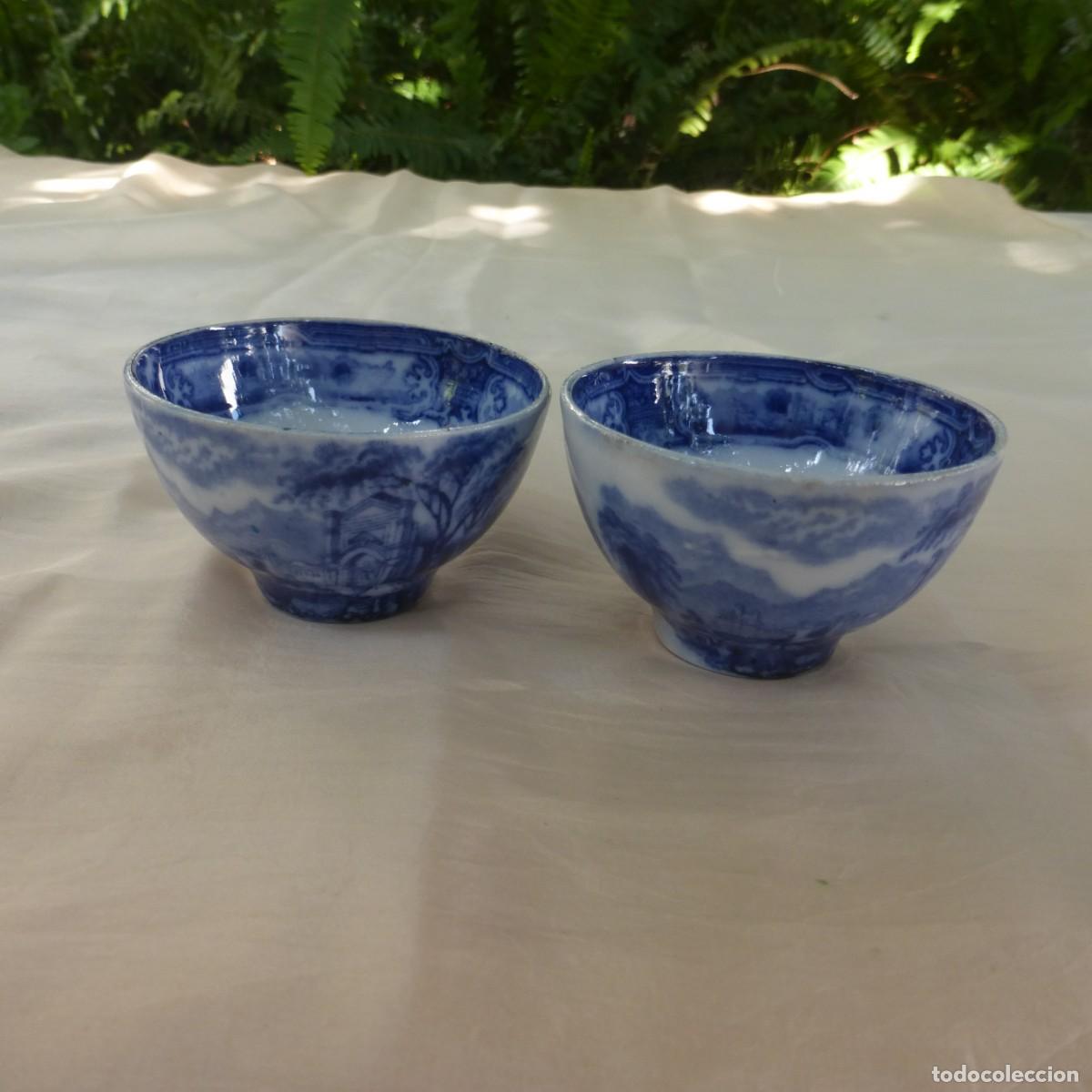 Antig&uuml;edades: ANTIGUOS PEQUE&Ntilde;OS TAZONES CUENCOS PORCELANA BLANCO Y AZUL S. XIX TRANSFERWARE BOWLS BLUE WHITE