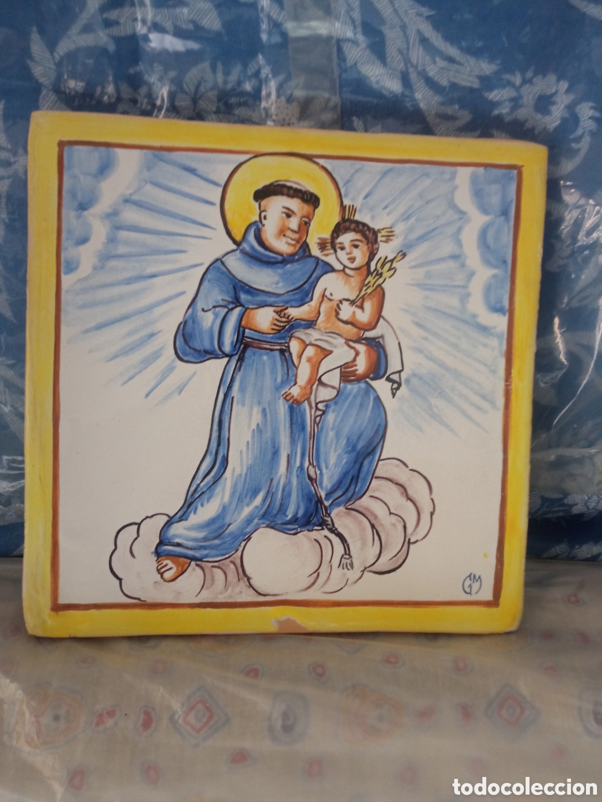 Antig&uuml;edades: San Antonio de Padua, Antiguo azulejo de cer&aacute;mica de Jos&eacute; Gimeno, mide 20,5x20,5cm