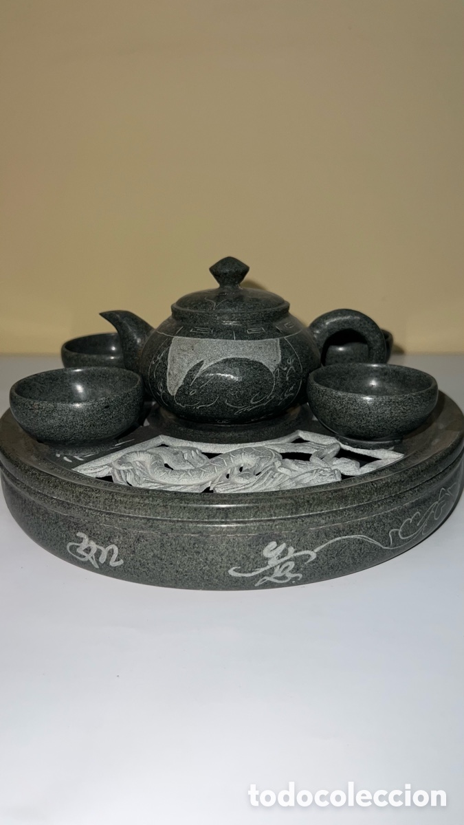 Antig&uuml;edades: Antiguo Juego de T&eacute; Chino Tallado a Mano en Piedra Natural