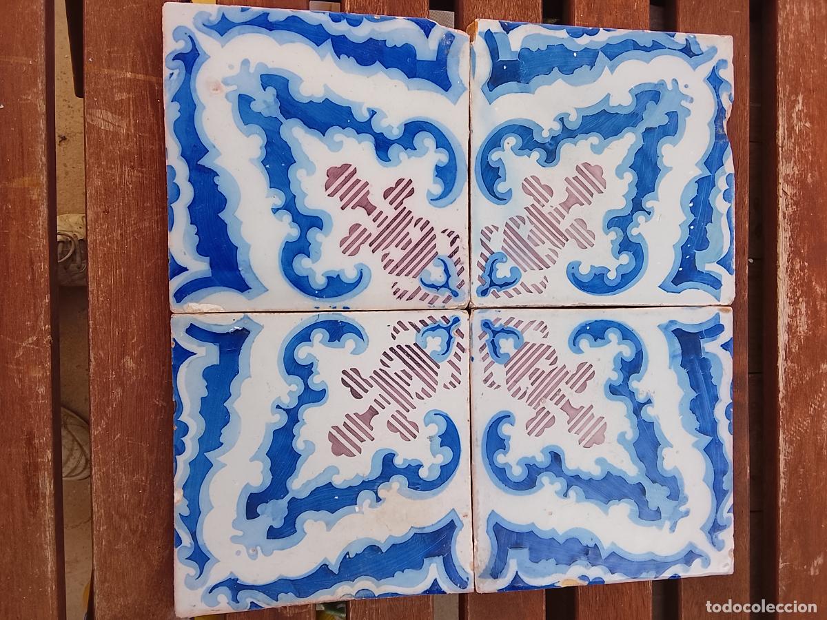 Antiques: Lote de 4 Azulejos de Muestra (&rdquo;Mostra&rdquo;) Antiguos - Siglo XIX - 20x20 cm - Procedencia Manises