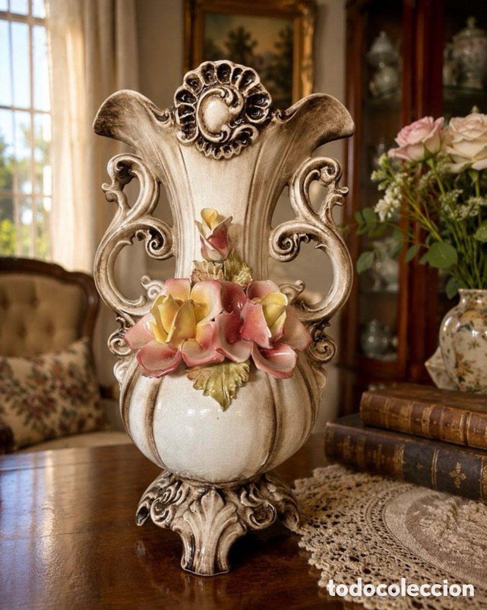 Antig&uuml;edades: Gran Jarr&oacute;n Capodimonte Italia Rosas Porcelana