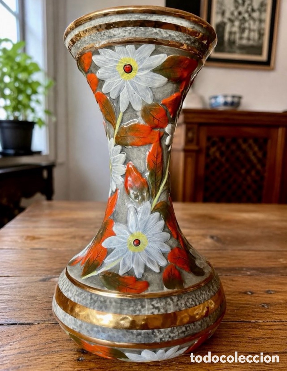 Antig&uuml;edades: Jarr&oacute;n Vintage Cer&aacute;mica Floral Dorado A&ntilde;os 60-70