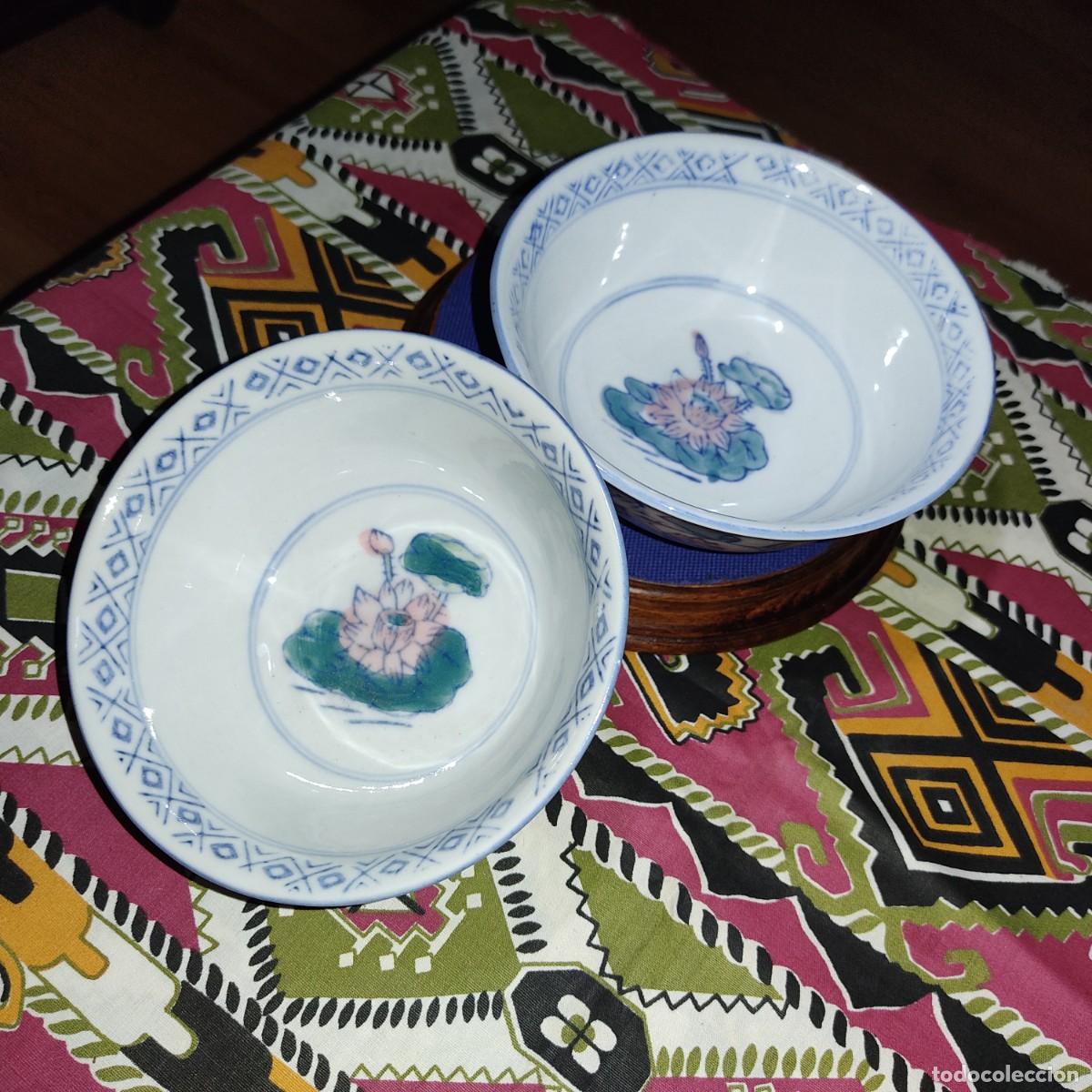 Antig&uuml;edades: Antiguo juego de cuencos de porcelana China pintados a mano.