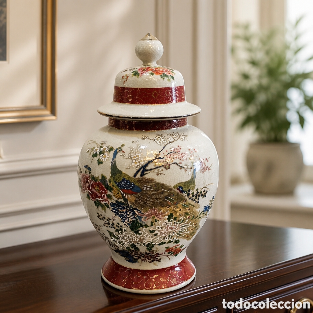 Antig&uuml;edades: ESPECTACULAR TIBOR JAPON&Eacute;S DE CER&Aacute;MICA SATSUMA SELLADO. 34CM ALTO.