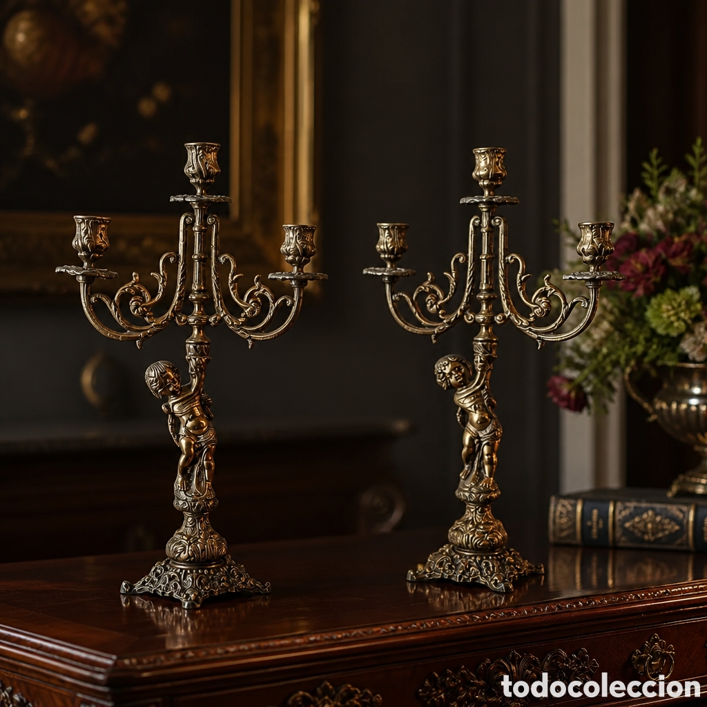 Antig&uuml;edades: ELEGANTE PAREJA DE CANDELABROS DE BRONCE 3 BRAZOS . ALTURA 42 CM ANCHO 26 CM