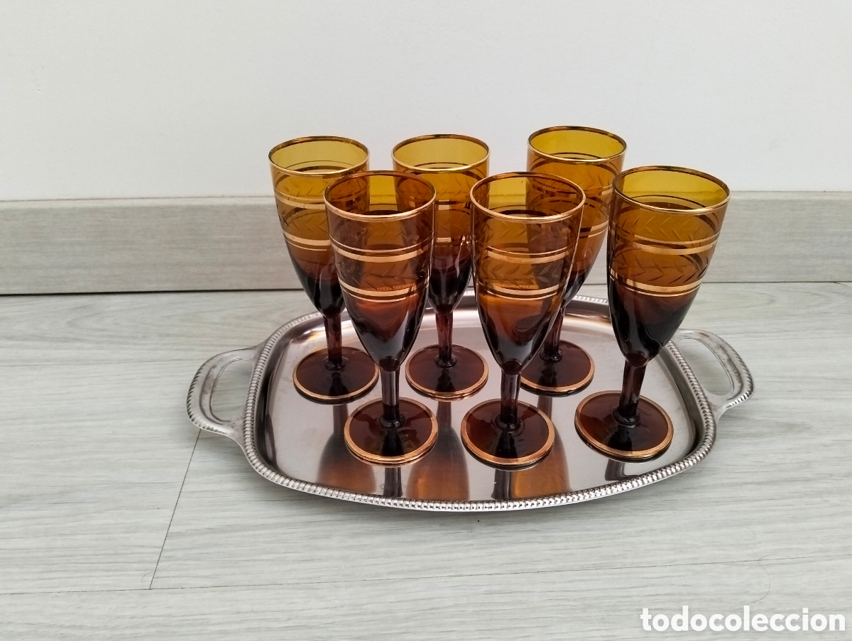 Antiques: Set de 6 copas &aacute;mbar vintage y bandeja
