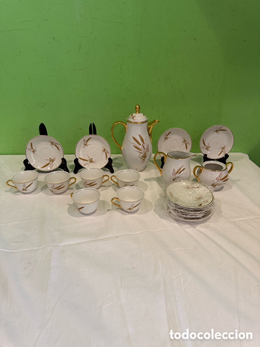 Antig&uuml;edades: Juego de caf&eacute; de porcelana para 6 personas &ndash; Decoraci&oacute;n de espigas y dorados
