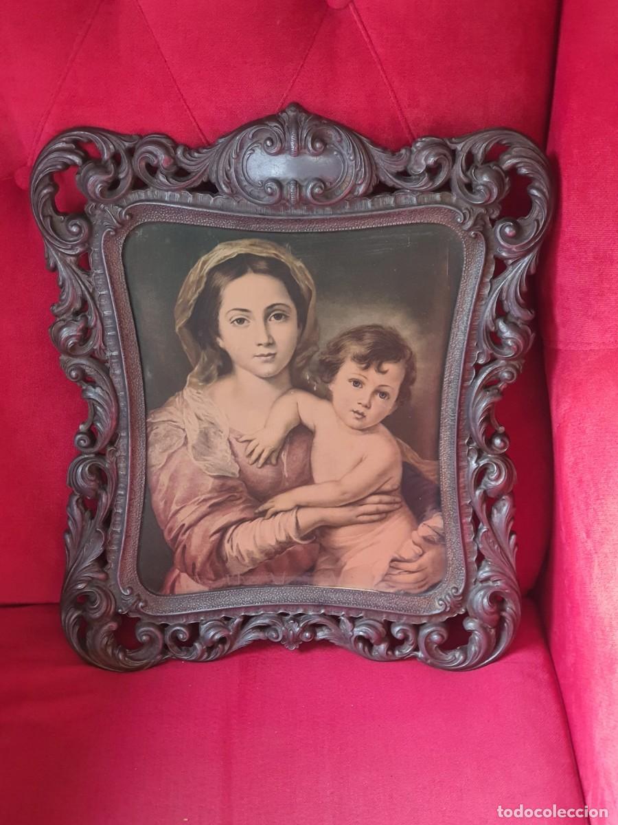 Antig&uuml;edades: Cuadro vintage virgen con ni&ntilde;o italiano en seda natural (Brevettato)