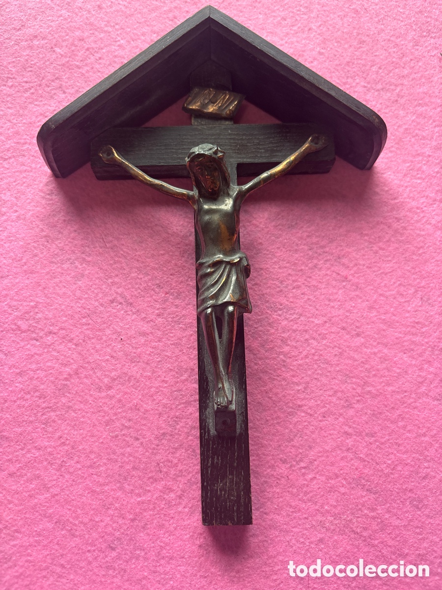 Oggetti Antichi: Antiguo Cristo crucifijo de metal y madera (A8)