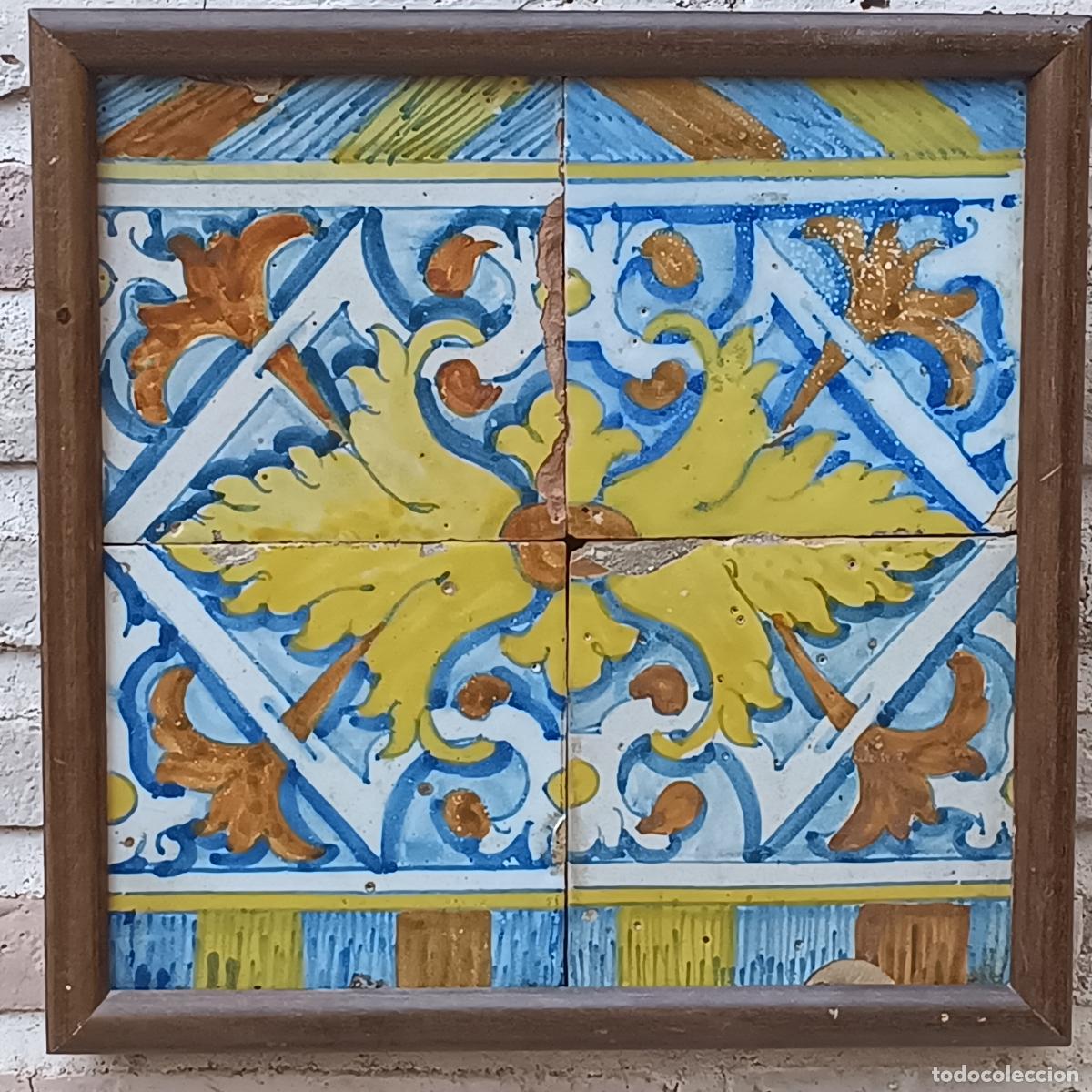 Antiquit&eacute;s: CUADRO CON 4 AZULEJOS ANTIGUOS - SIGLO XVI - TALAVERA DE LA REINA.