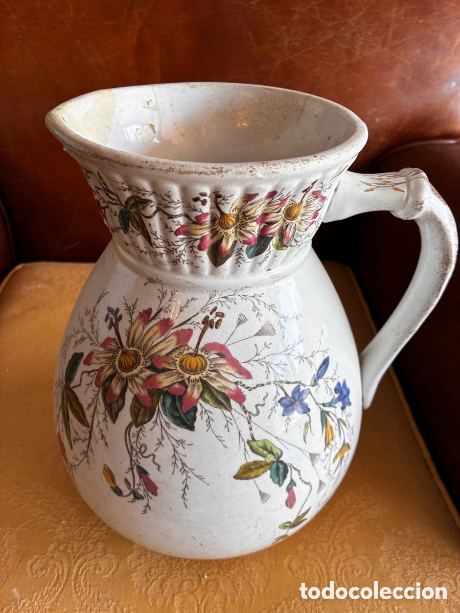 Antig&uuml;edades: Gran Jarra de loza victoriana antigua (c. 1890) &ndash; Patr&oacute;n bot&aacute;nico &rdquo;Flor de la Pasi&oacute;n&rdquo; &ndash;