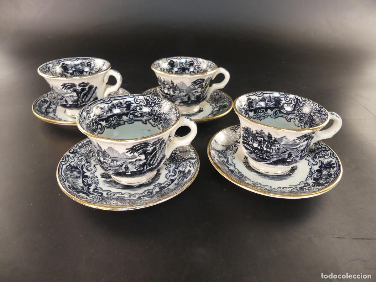 Oggetti Antichi: JUEGO DE 4 TAZAS Y 4 PLATOS DE PORCELANA CARTUJA PICKMAN SEVILLA