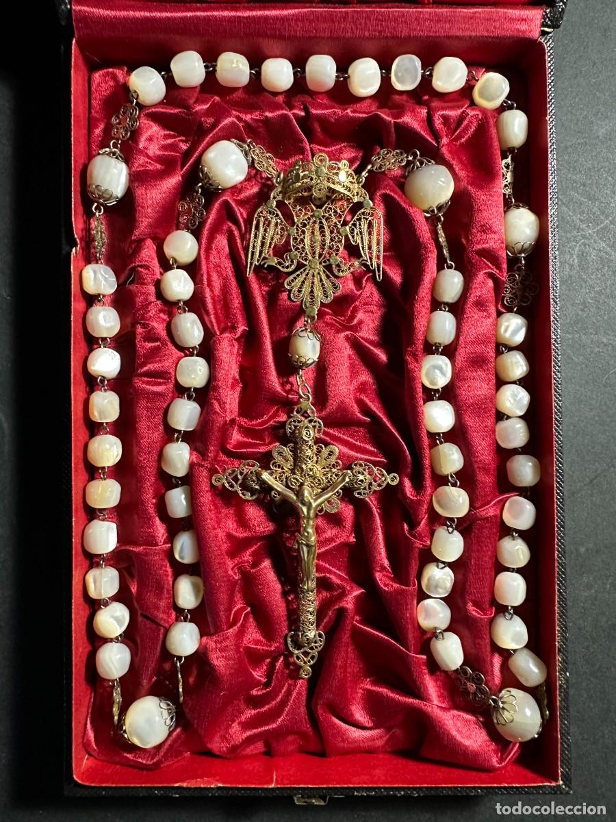 Antig&uuml;edades: XIX - EXCEPCIONAL ROSARIO ISABELINO - NACAR Y FILIGRANA DE PLATA SOBREDORADA - CAJA ORIGINAL