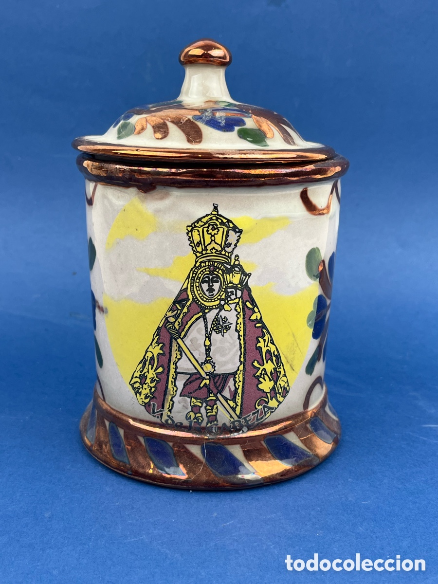 Antiguidades: ANTIGUO TARRO ALBARELO DE REFLEJ&Oacute; MET&Aacute;LICO IMAGEN DE LA VIRGEN