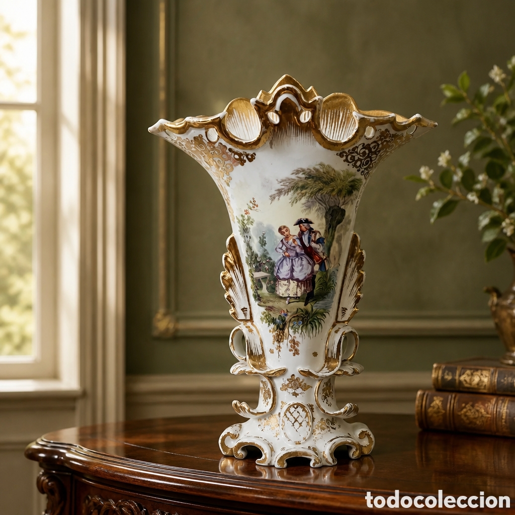 Antig&uuml;edades: ANTIGUO FLORERO O JARR&Oacute;N ISABELINO EN PORCELANA DE VIEJO PAR&Iacute;S PINTADO A MANO - SIGLO XIX. 36 cm