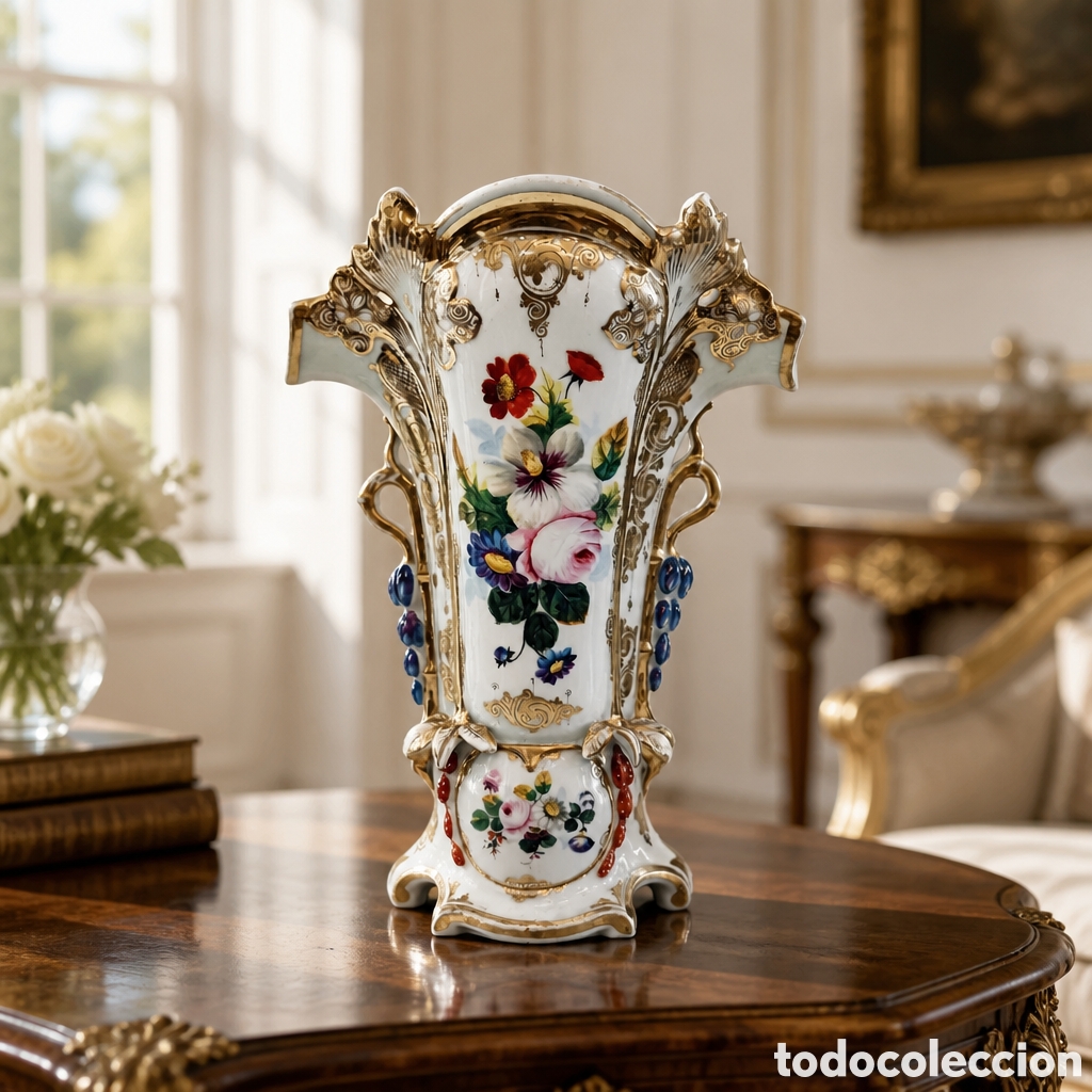 Antig&uuml;edades: ANTIGUO FLORERO O JARR&Oacute;N ISABELINO EN PORCELANA DE VIEJO PAR&Iacute;S PINTADO A MANO - SIGLO XIX. 35 cm