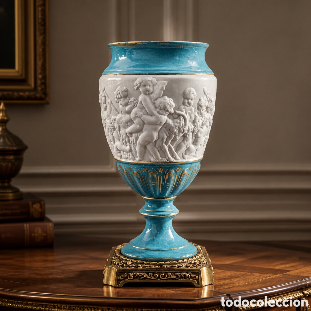 Antig&uuml;edades: Copa en biscuit y porcelana esmaltada en color azul y dorado con decoraci&oacute;n de ni&ntilde;os y animales re