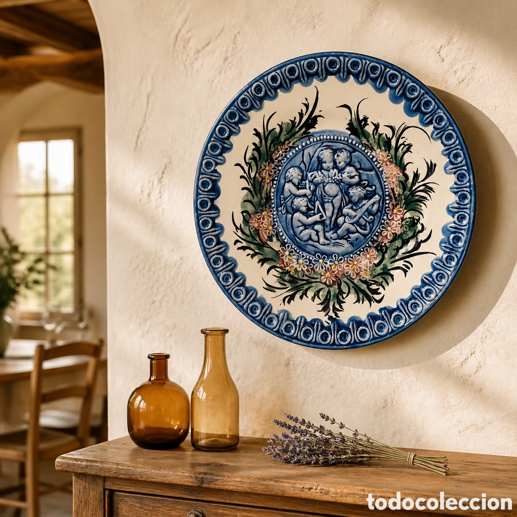 Antig&uuml;edades: PLATO DECORATIVO CERAMICA ESMALTADA EN RELIEVE CON MOTIVOS DE ANGELES . 31,5 CM