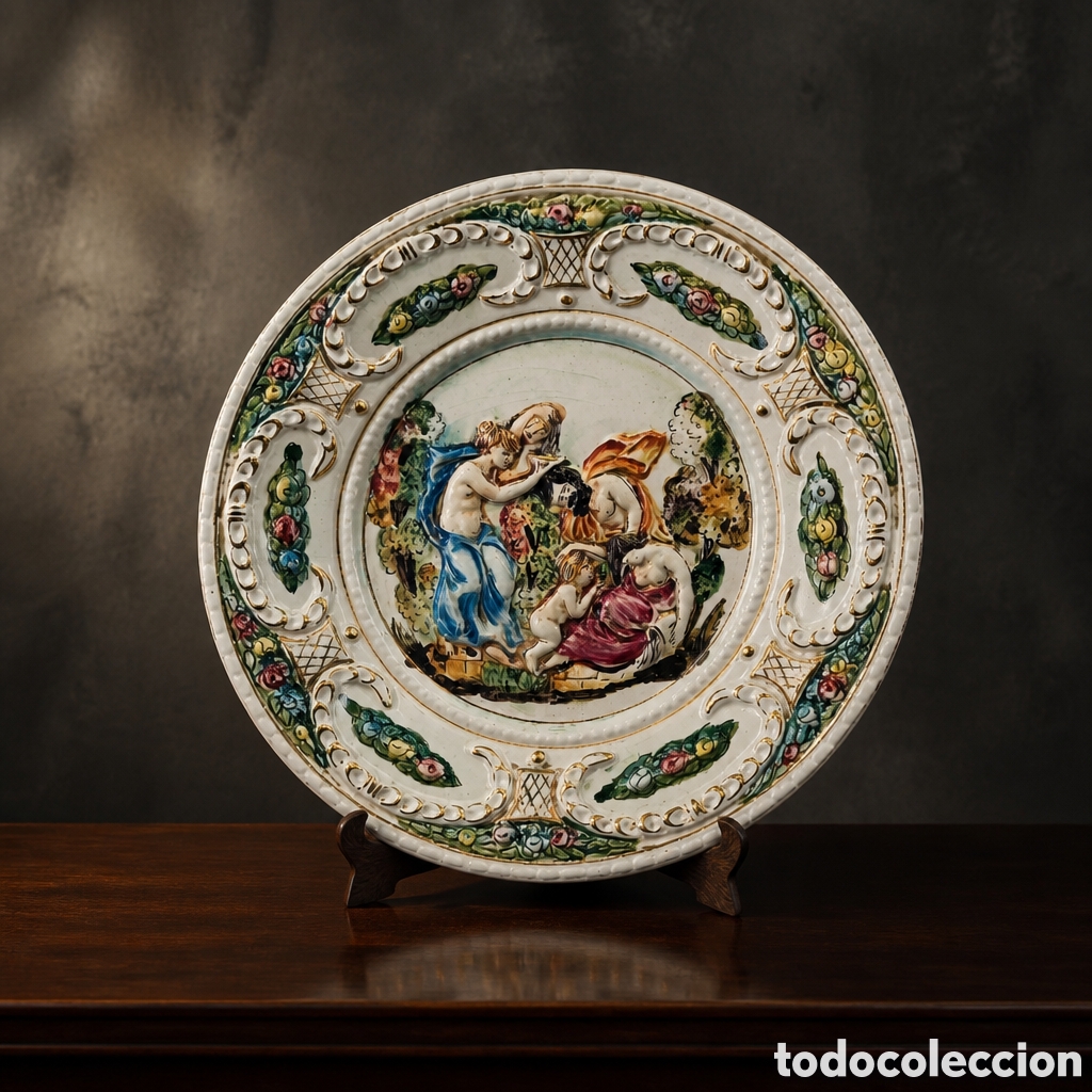 Antig&uuml;edades: ELEGANTE PLATO PORCELANA EN RELIVE . KERAMOS CAPODIMONTE . ITALIA . 31 CM