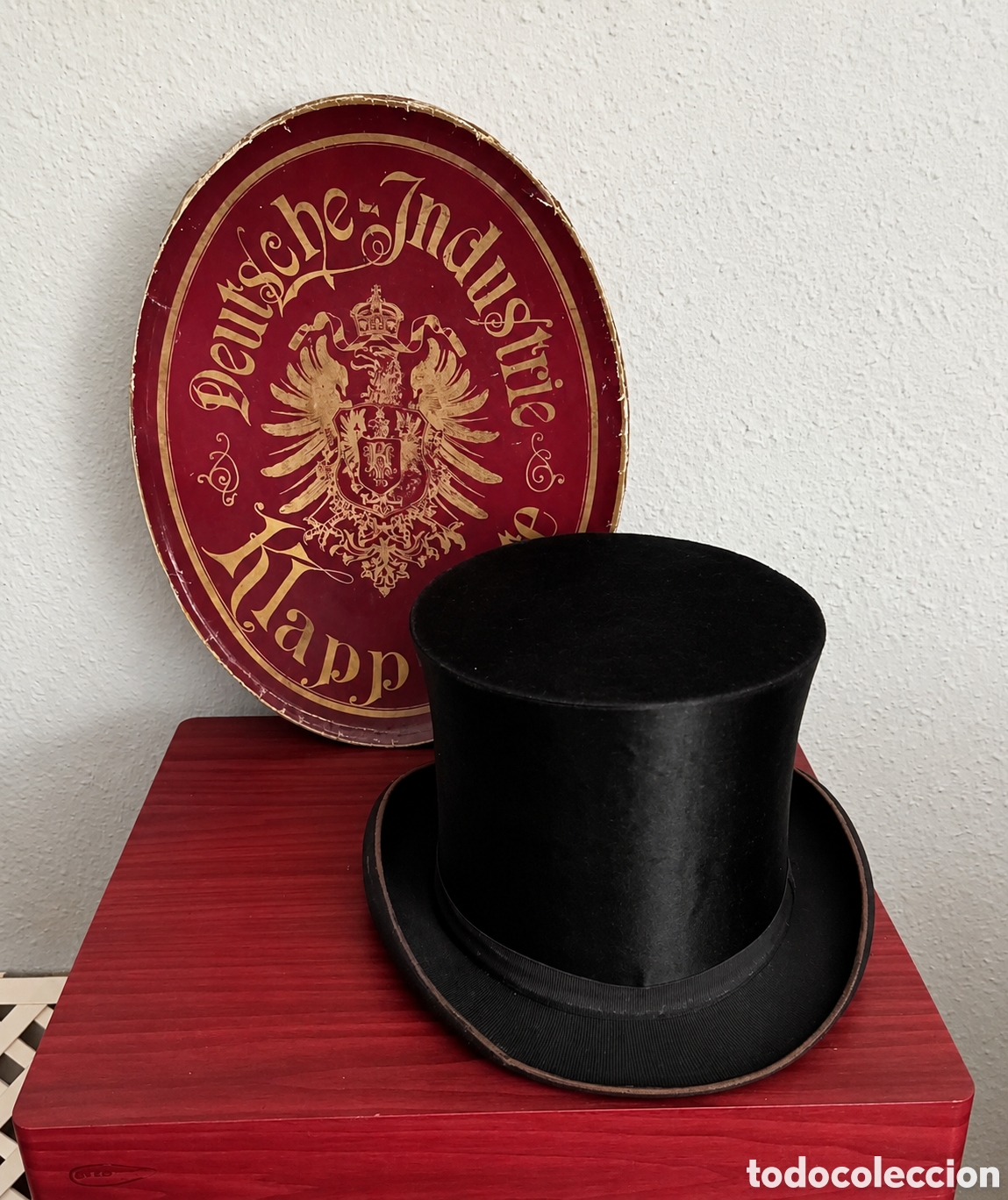 Antig&uuml;edades: Antigua chistera plegable seda alemana talla M con sombrerera Art Nouveau Set Sombrero de copa 1900