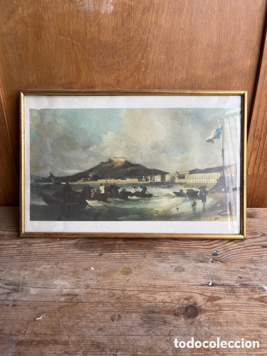 Antiques: L&aacute;mina vintage de paisaje costero con bonito marco de madera