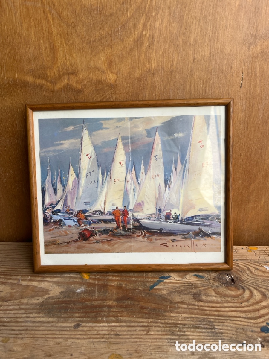 Antig&uuml;edades: L&aacute;mina n&aacute;utica vintage &ndash; Regata de veleros con marco de madera