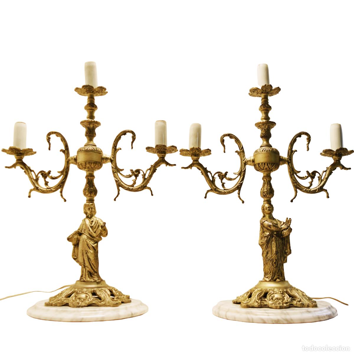 Antig&uuml;edades: Candelabros de mesa de bronce con base de m&aacute;rmol - Foto 2