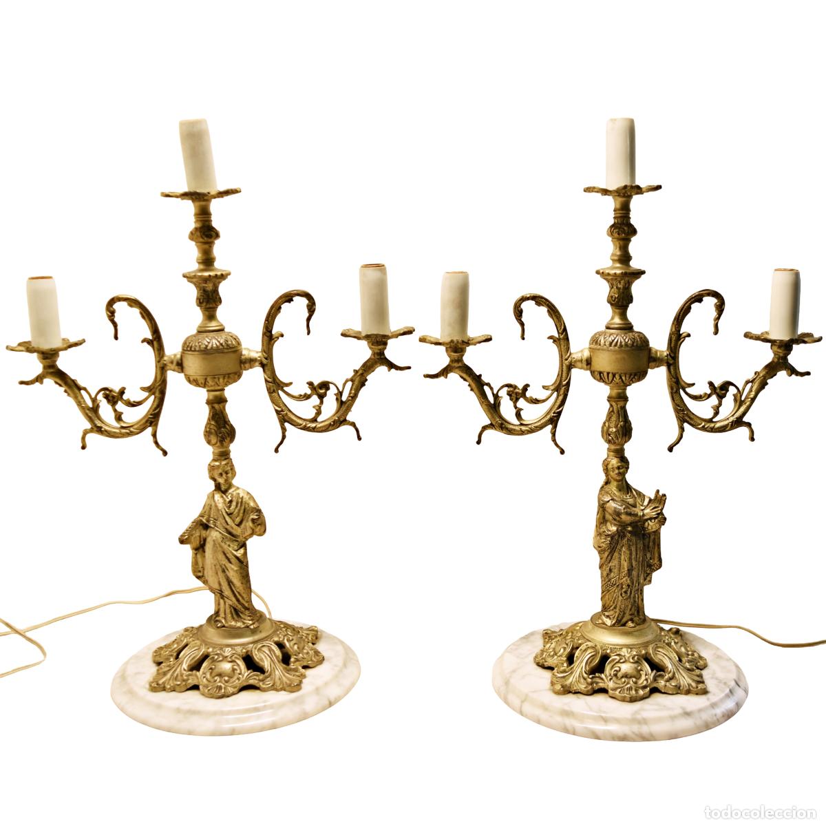 Antig&uuml;edades: Candelabros de mesa de bronce con base de m&aacute;rmol - Foto 3