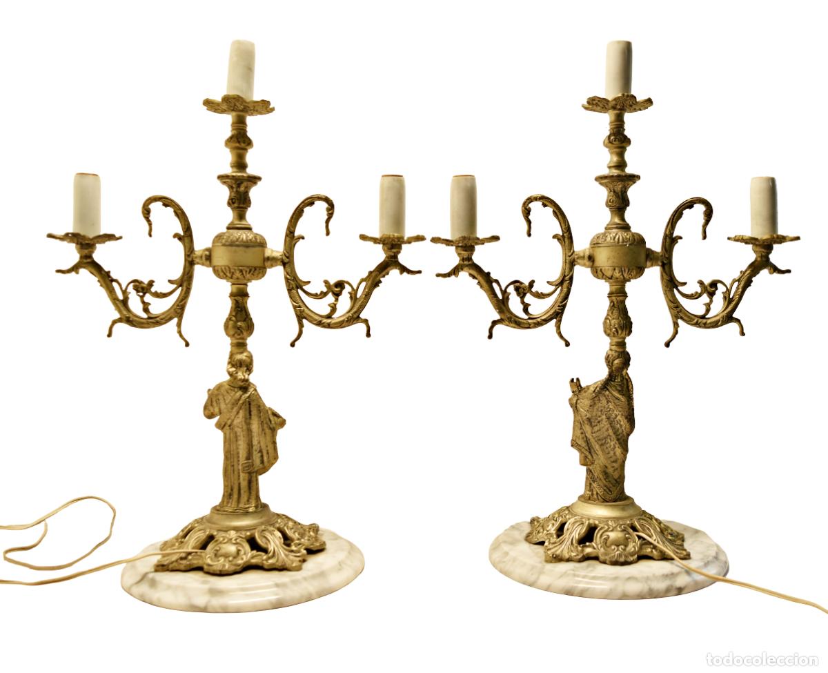 Antig&uuml;edades: Candelabros de mesa de bronce con base de m&aacute;rmol - Foto 5