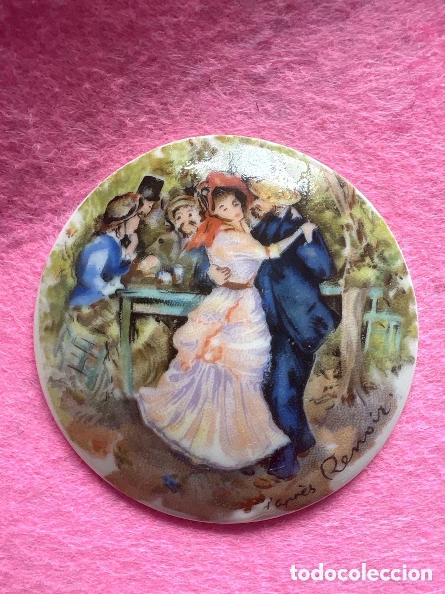 Antiguidades: Medalla o medall&oacute;n cer&aacute;mica porcelana de Limoges, Francia, escena de Renoir (A19)