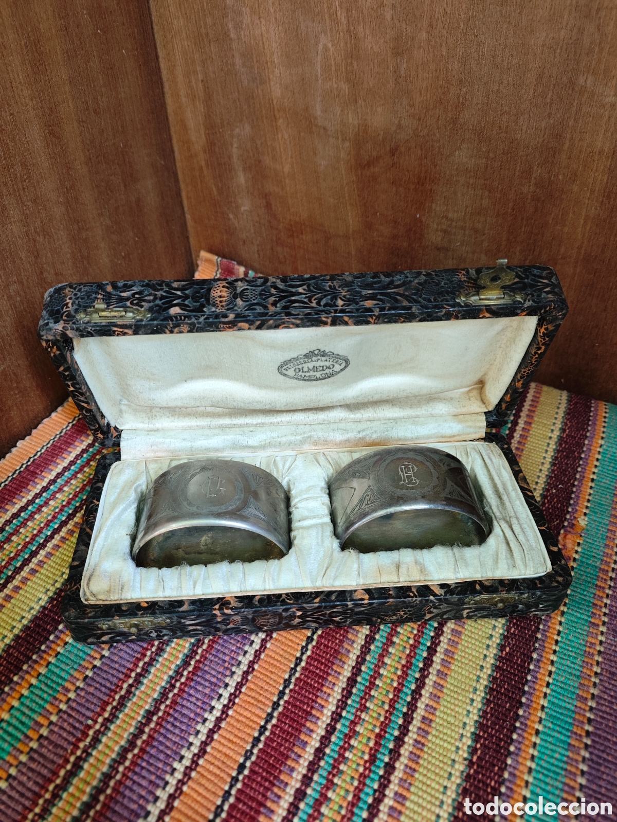 Antig&uuml;edades: Pareja de servilleteros antiguos de Joyer&iacute;a Olmedo (Pamplona) 1910 a 1930