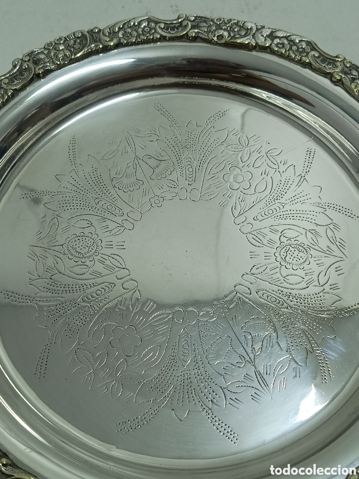 Antig&uuml;edades: BANDEJA REDONDA PLATEADA GRABADA - 24cm - Foto 4