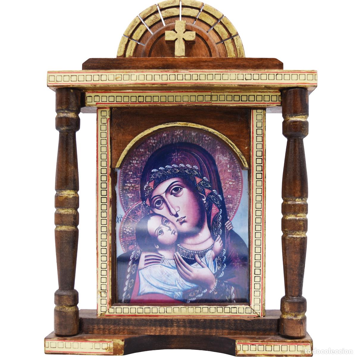 Antig&uuml;edades: Virgen con El Ni&ntilde;o con marco de madera maciza