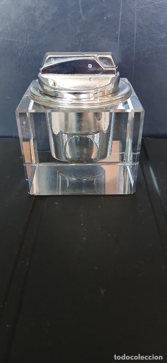 Antiques: Encendedor de Sobremesa Vintage Nico 0800 - Plata de Ley y Cristal Tallado. FUNCIONA!