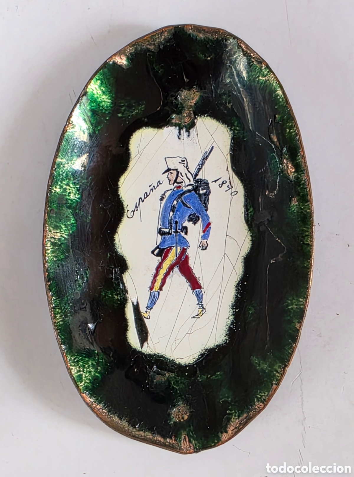 Antig&uuml;edades: Antiguo Cuenco Esmalte Fuego Cobre - Soldado Espa&ntilde;a 1890 Decoraci&oacute;n Militar &Aacute;frica Uniforme Colonia