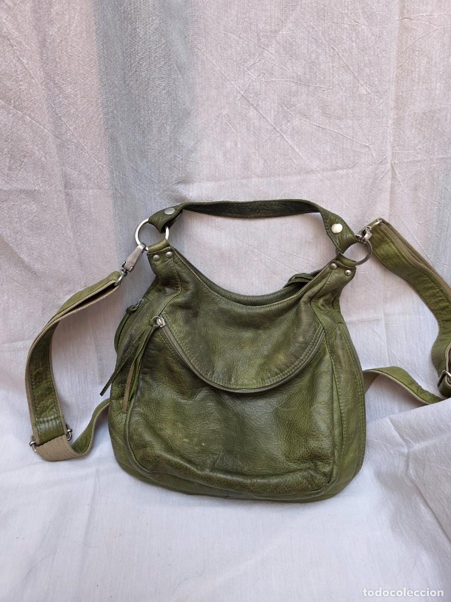 Antig&uuml;edades: Bolso mochila convertible de piel verde oliva de estilo hobo