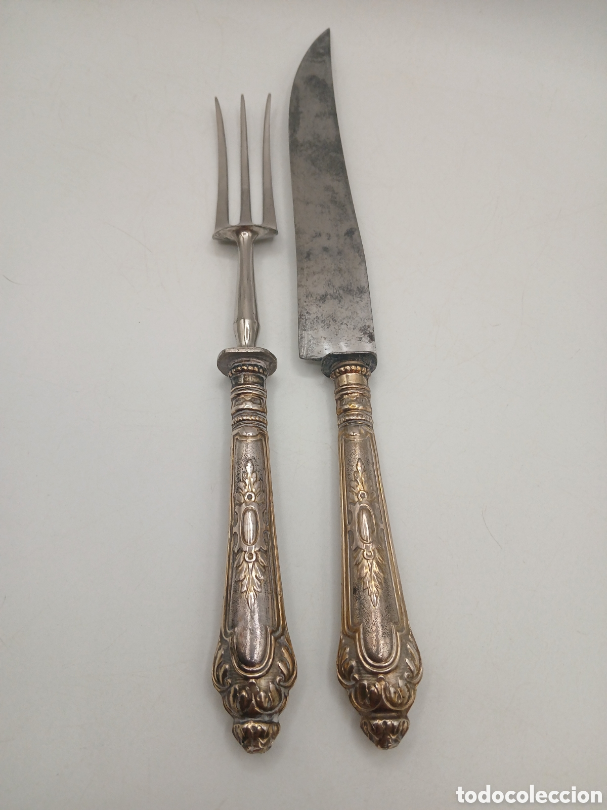 Antig&uuml;edades: Antiguo juego para trinchar. Cuchillo y tenedor mango plata 800mls. Francia, siglo XIX