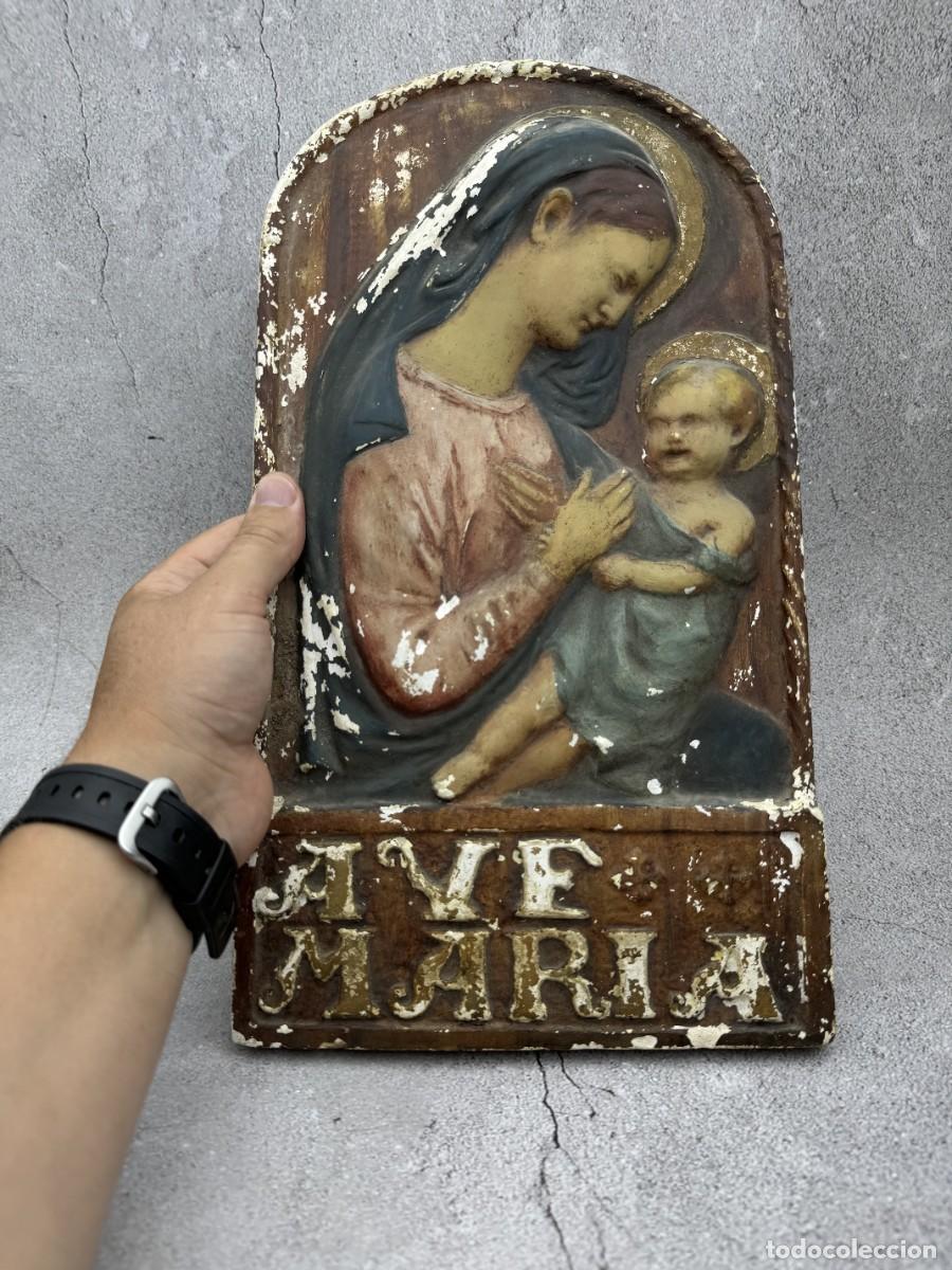 Antig&uuml;edades: Antigua Placa Religiosa AVE MARIA &ndash; Virgen con Ni&ntilde;o