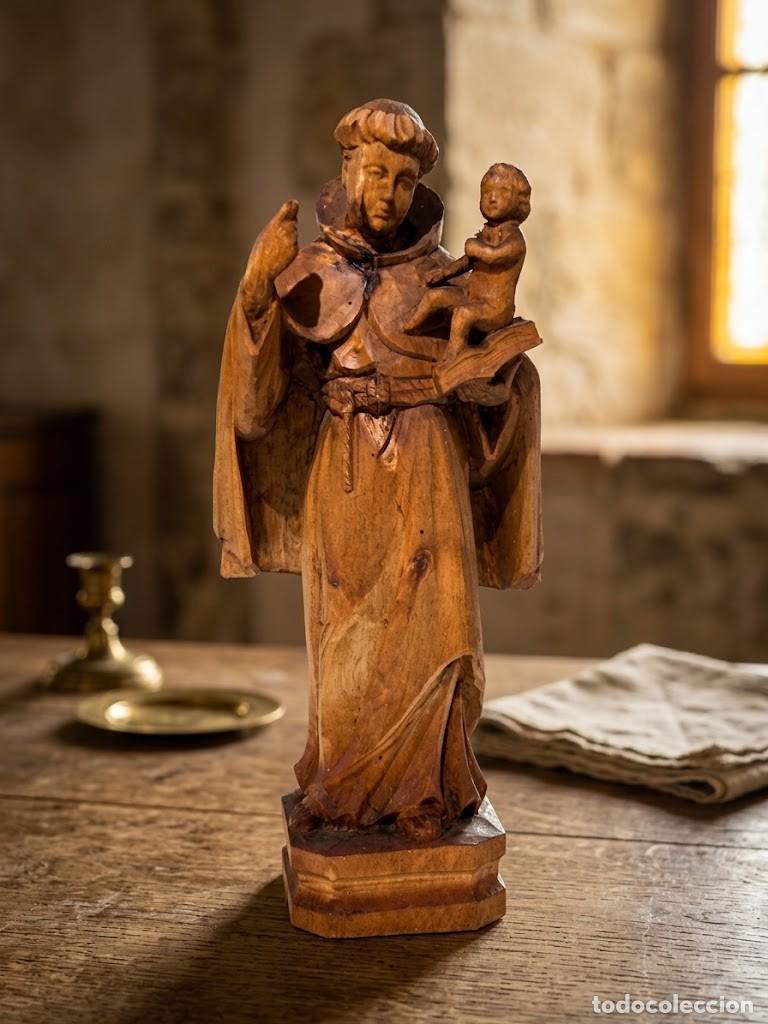 Antig&uuml;edades: Talla religiosa San Antonio con Ni&ntilde;o Jes&uacute;s, madera noble, Santiago de Compostela, mediados S. XX