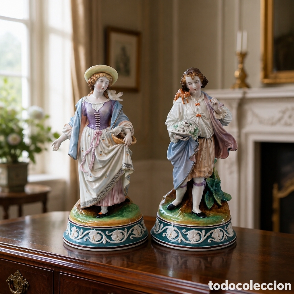 Antig&uuml;edades: PAREJA GALANTE DE FIGURAS PORCELANA FRANCESA . SIGLO XIX. VIEJO PARIS . 32 CM
