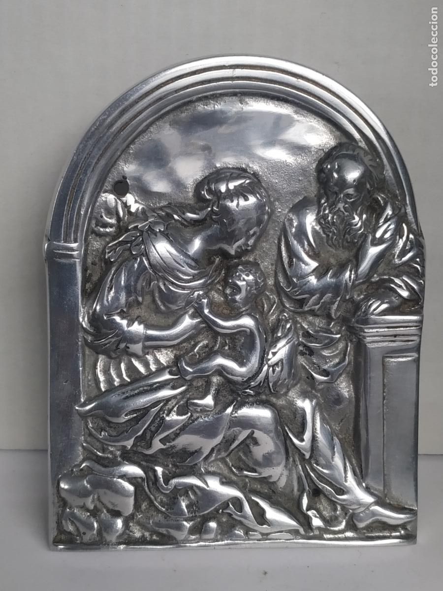 Oggetti Antichi: Portapaz, de chapa repujada con la Virgen el Ni&ntilde;o Jes&uacute;s y San Jos&eacute; S. XIX