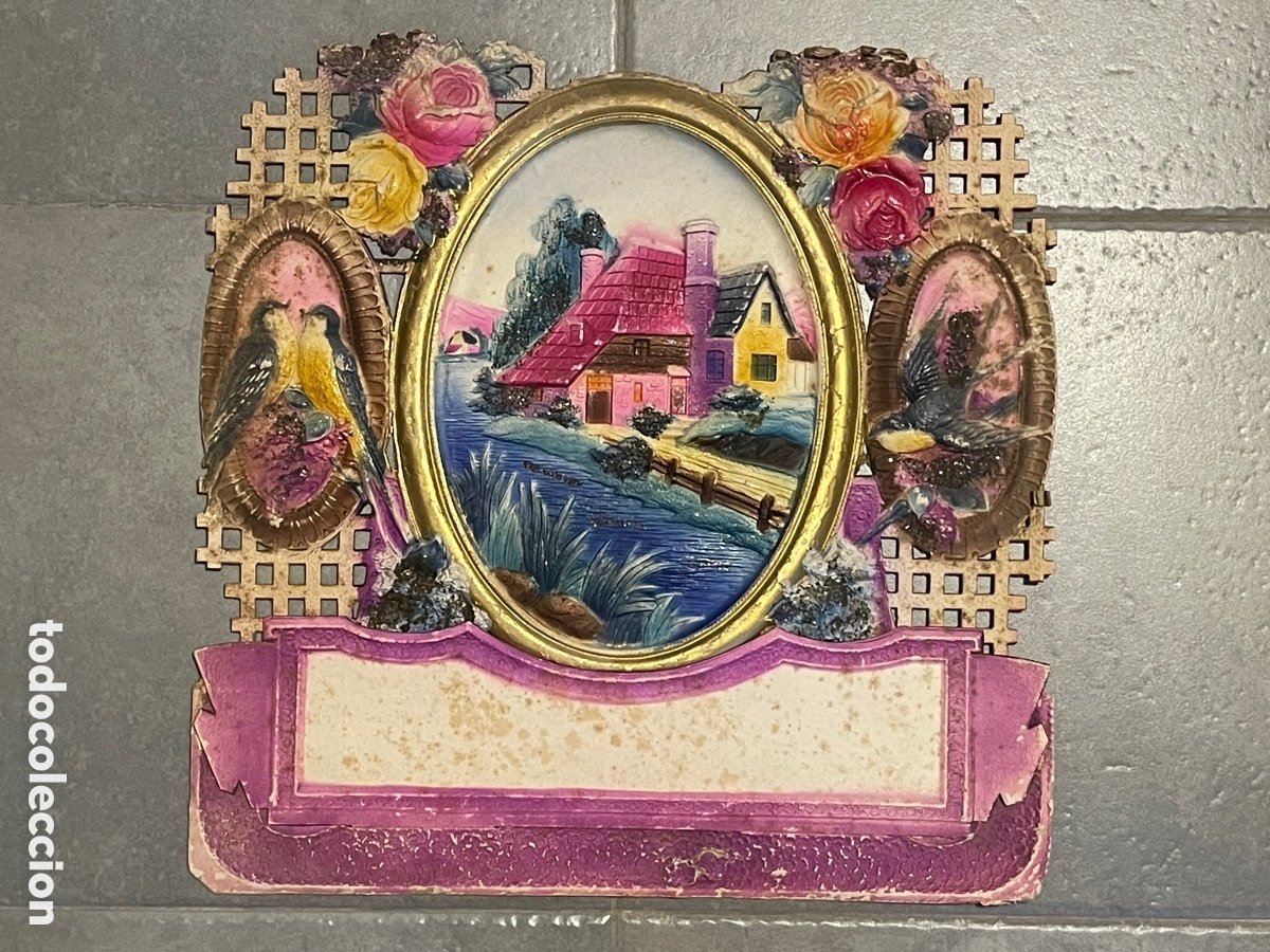 Antiquit&auml;ten: Panel decorativo modernista. Casa, r&iacute;o y p&aacute;jaros.